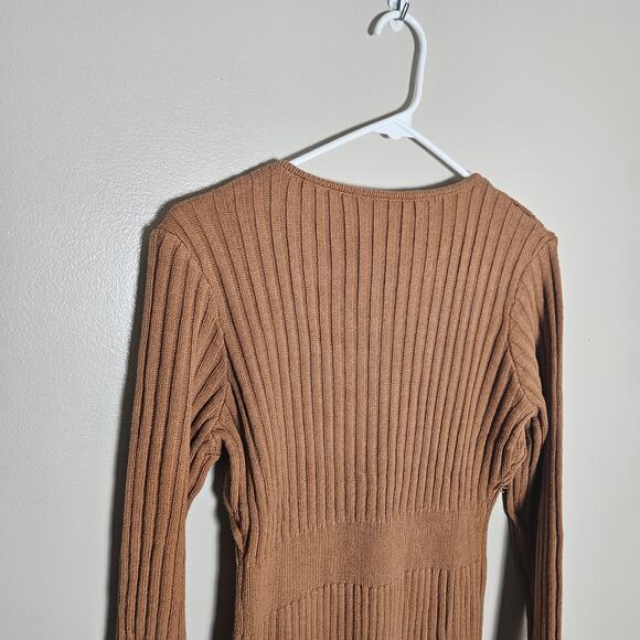 NWOT Light Brown Zipper Front Ribbed Mini Sweater Dress Sz Large - Picture 6 of 11
